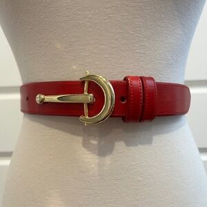 Joan and David Too Red Leather Belt with Gold Buckle, Size S